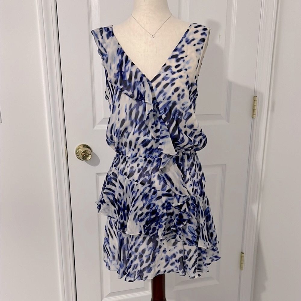BCBGMAXAZRIA Blue and White Leopard Print Mini Dress